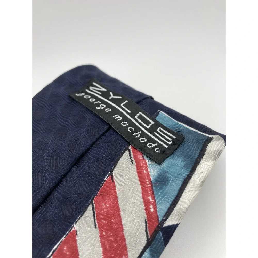 Zylos George Machado Men's Tie 100% Italian Silk Made In US Blue Red Pattern‎